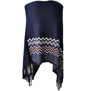 LIFE IS BEAUTIFUL Navy Blue Chevron Design Knit Poncho Shawl - NWT Women's OS